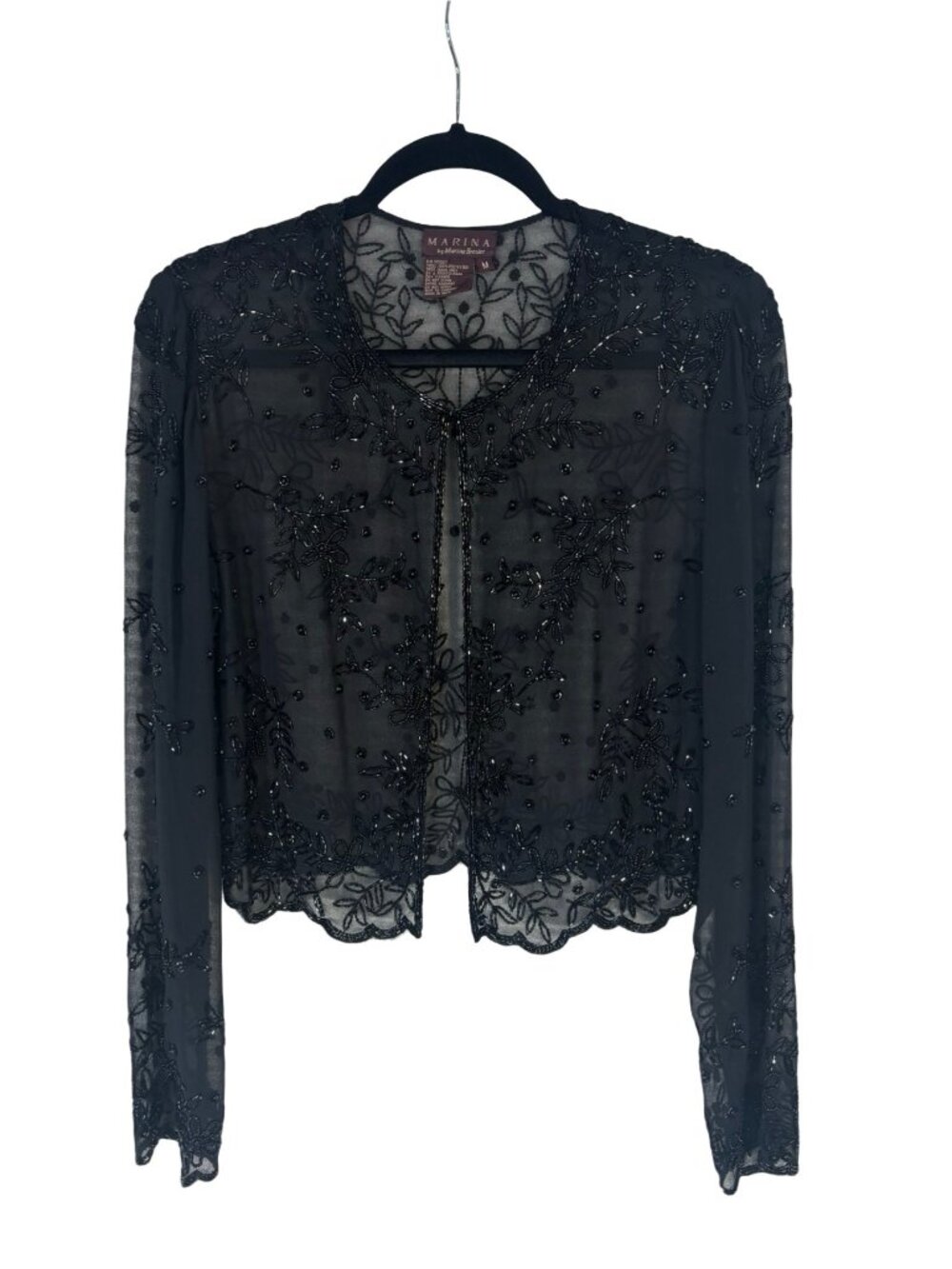Vtg Marina Bresler Size Medium Sheer Cropped Jacket Embellished with Black Beads